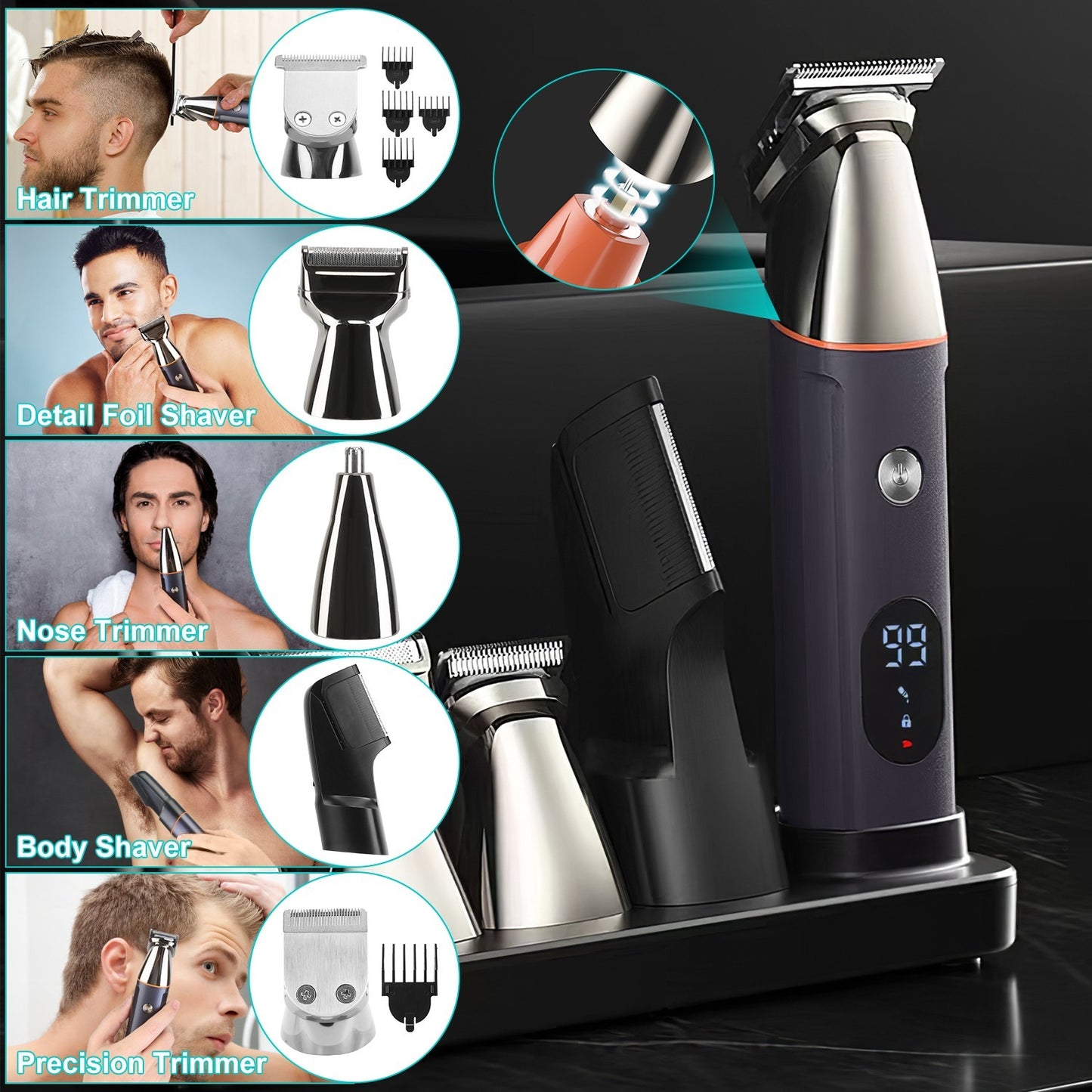 All In One Beard Trimmer For Men With 5 Trimmer Heads IPX5 Waterproof Electric Razor