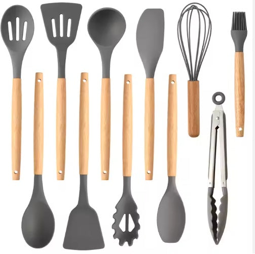 Non-Stick Silicon 12 Pcs Heat Resistant Wooden Handle Kitchen Cooking Utensils Set