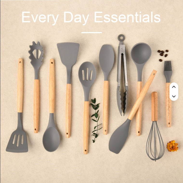 Non-Stick Silicon 12 Pcs Heat Resistant Wooden Handle Kitchen Cooking Utensils Set