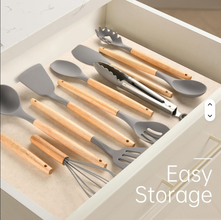 Non-Stick Silicon 12 Pcs Heat Resistant Wooden Handle Kitchen Cooking Utensils Set