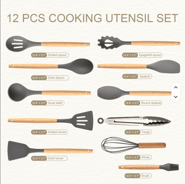 Non-Stick Silicon 12 Pcs Heat Resistant Wooden Handle Kitchen Cooking Utensils Set